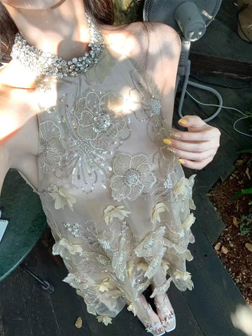 Champagne Color 3D Embroidered Beaded Floral Luxury Fashion Halter Neck Heavy Beaded French Style Dress for Women