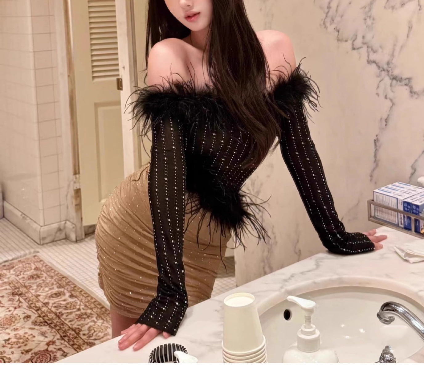 Off-Shoulder Color-Block Rhinestone Dress Slim Fit Slimming Hot Girl Dress for Women
