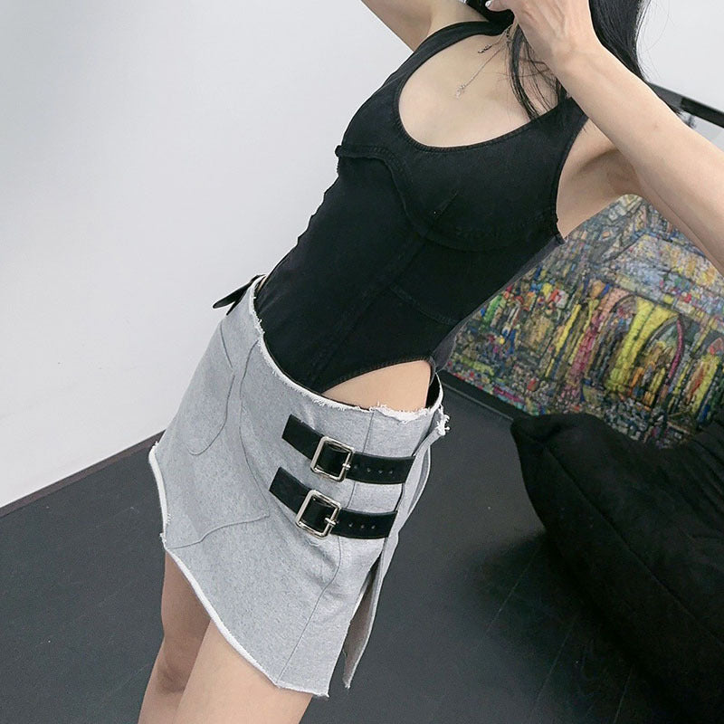 Knitted Fabric Fashionable Niche Belt Buckle Decoration A Summer New Half Skirt with Rolled Hem