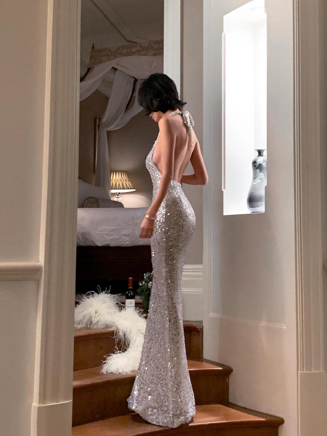 Sparkling Long Dress Halter Backless Celebrity Party Party Dress