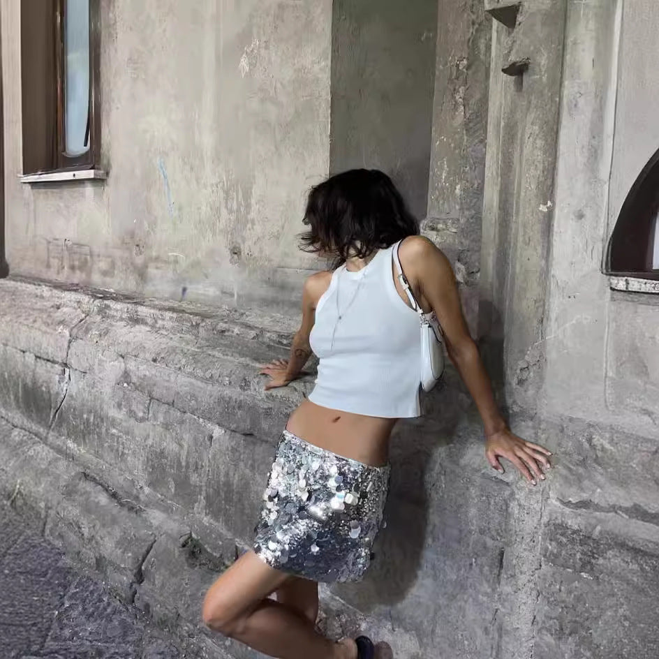 Heavy Sequin Pure Desire Low Waist Fashion Hot Girl Half Body Bodycon A Line skirt