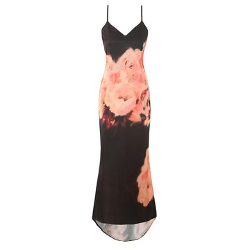 Vintage Sleeveless V-neck Printed Sexy Backless Long Dress for Women Summer Vacation Strap Dress