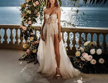 Strappy Lace Sheer Beach Bridal Wedding Dress Floor-Length Sexy Gown
