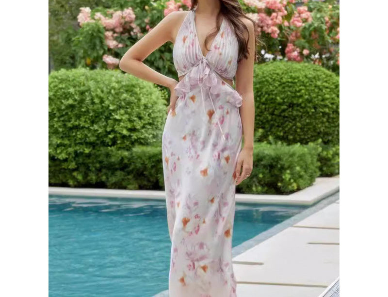 Sexy Fashion Waist-Exposing Backless Halter Vacation Dress