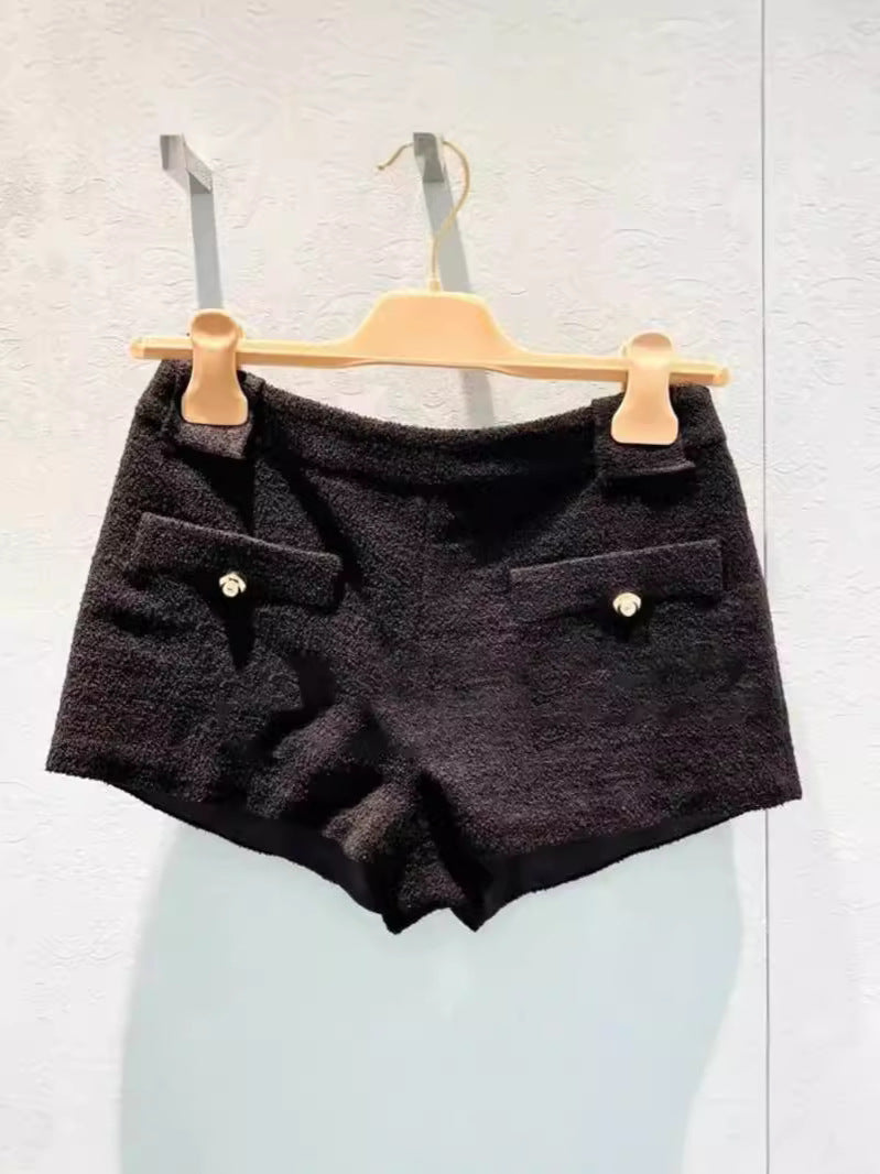 Shorts Women's French Style Elegant All-Match Black Woolen Casual Pants Girly Style Leg Long Pants Winter New