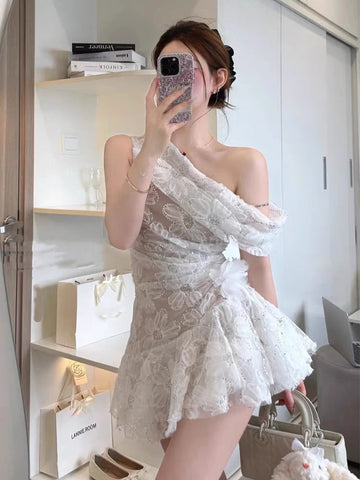 French Style Light Luxury Lace Embroidered Asymmetric Shoulder Dress Summer New High-end Sense Elegant Gown Dress