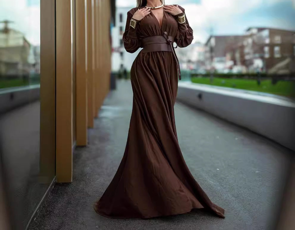 French dress brown V-neck long sleeve women's clothing