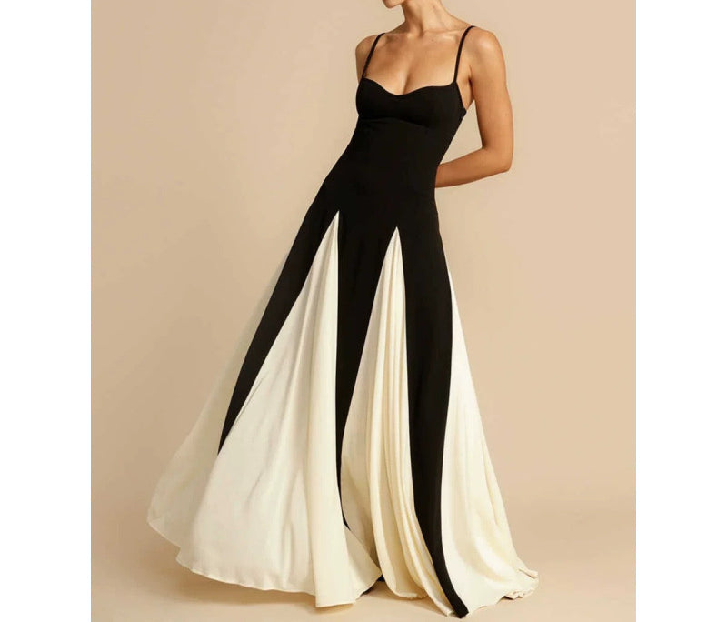 Black and White Color Block Sister Style Dress Slim Fit Slimming Strap Dress Floor-Length Dress