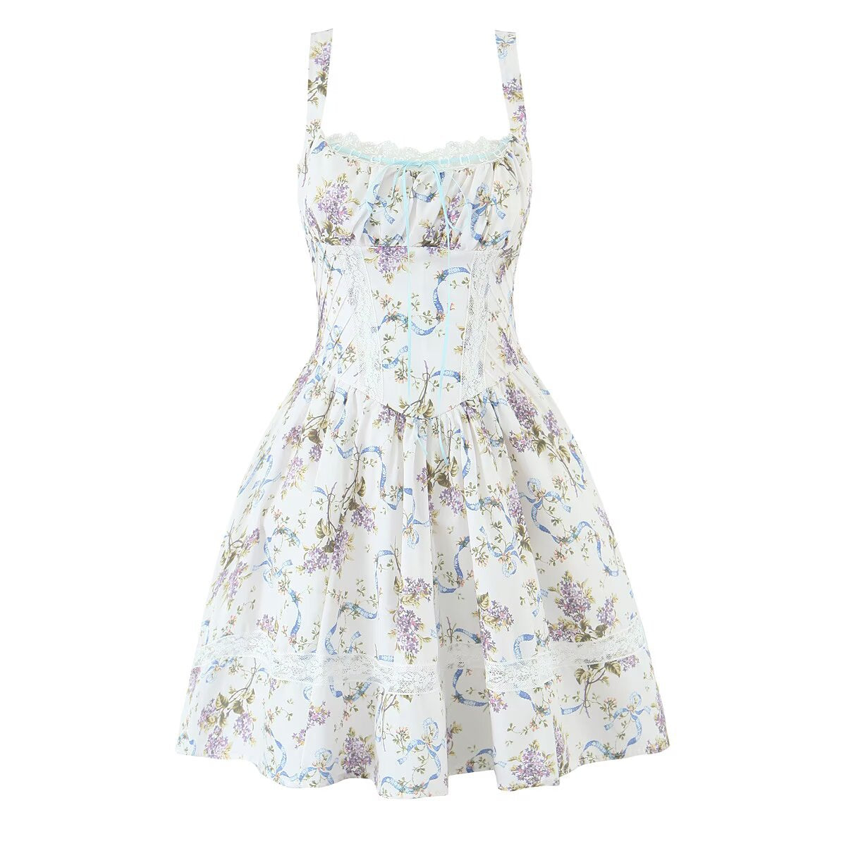 Fresh White Floral Print Lace Waist Slimming Mini Strap Dress