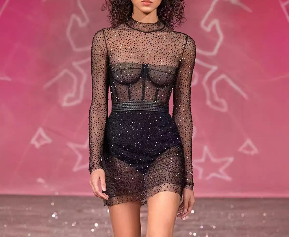 Sexy Hollow Out Rhinestone Mesh Long Sleeve See-through Dress Nightclub Dress