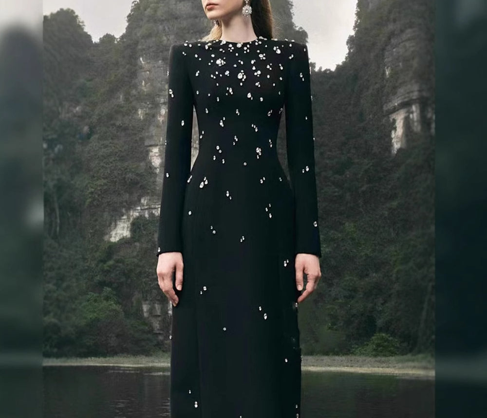 Bandage Long Sleeve Full Diamond Shiny Elegant Dress