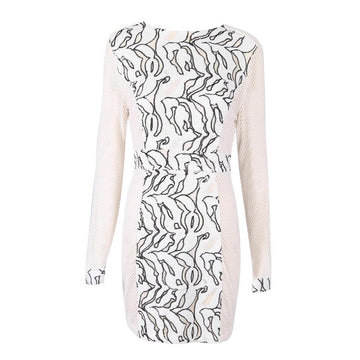 White Long Sleeve Mesh Sequin Embroidered Slim Fit Bodycon Dress for Women