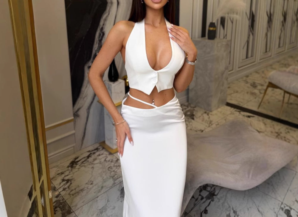 Solid Color Low-Cut Set V Sleeveless Crop Top High Waist Skirt Two-Piece Set
