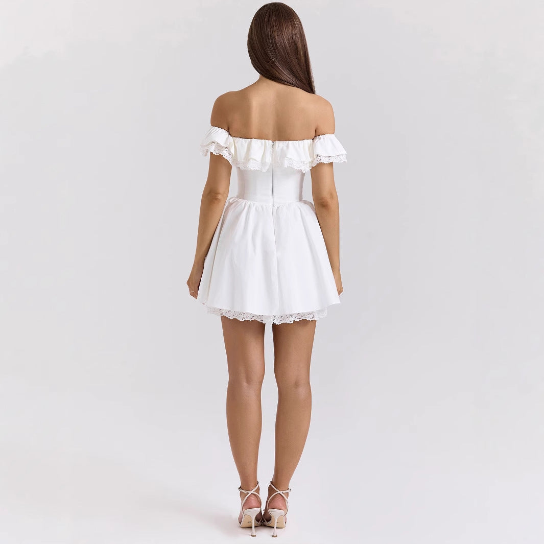 Lace Trim Bowknot Corset Off-Shoulder Dress Pure Desire Sweet First Love Innocent Little White Dress