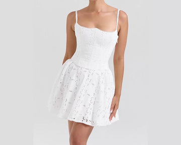French Style First Love Little White Dress for Women Summer New Lace Trim Embroidered Pure Desire Off-Shoulder Dress