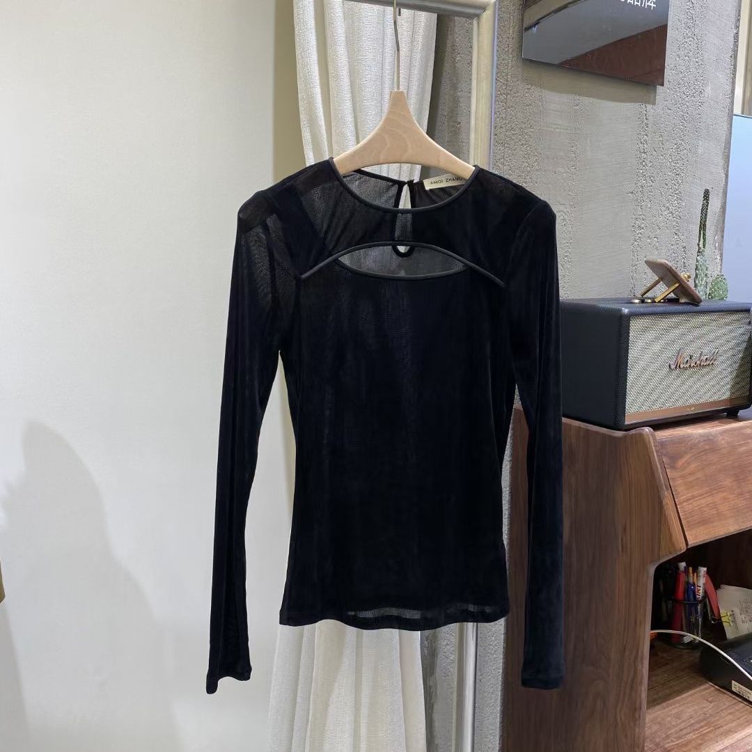 Flocked Chest Hollow Out Base Shirt Top for Women T Long Sleeve Thin Shirt with One Button Back Neck, Early Autumn New
