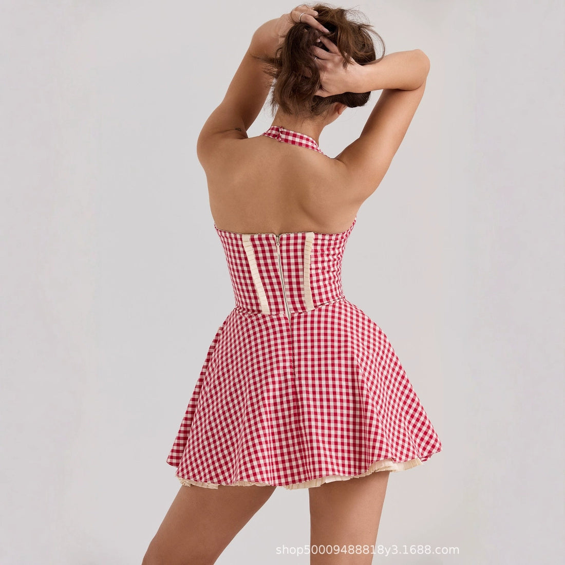First Love Sweet Red Plaid Heart Pocket Halter Neck Backless Waist Mini Dress for Women