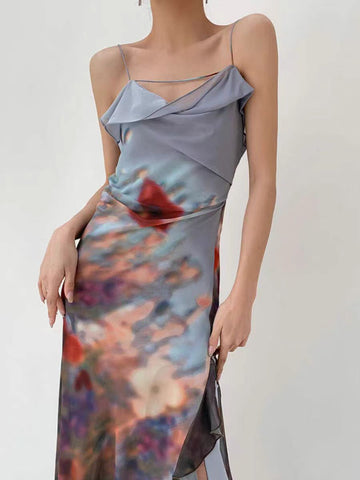 New Chinese Ink Print Fishtail Slip Skirt National Style Elegant Sexy Slim Fit Dress Tea Break dress Women