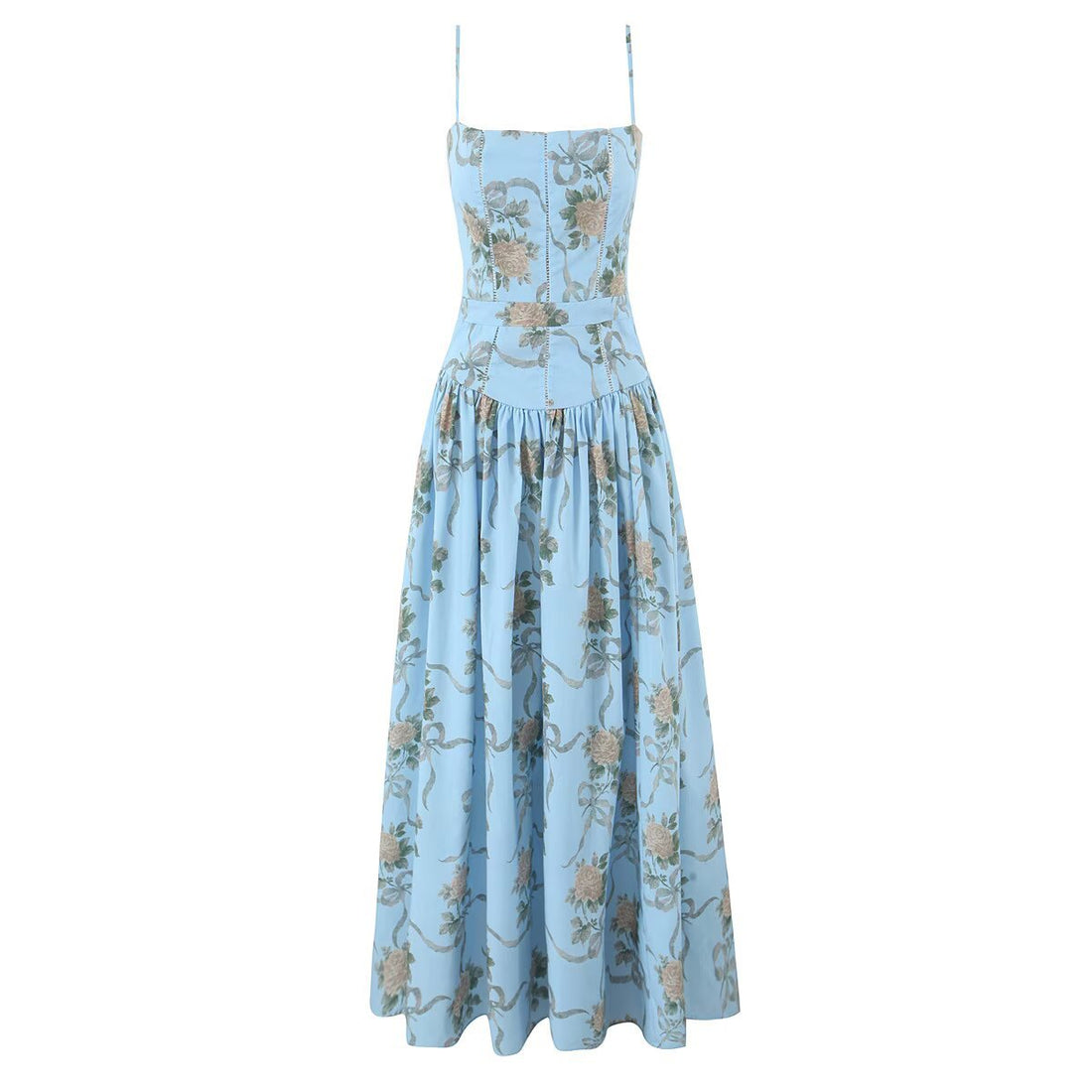 Sky Blue Vintage Rose Print Cotton Mid-Length Sun Dress Women's Summer Sling dress