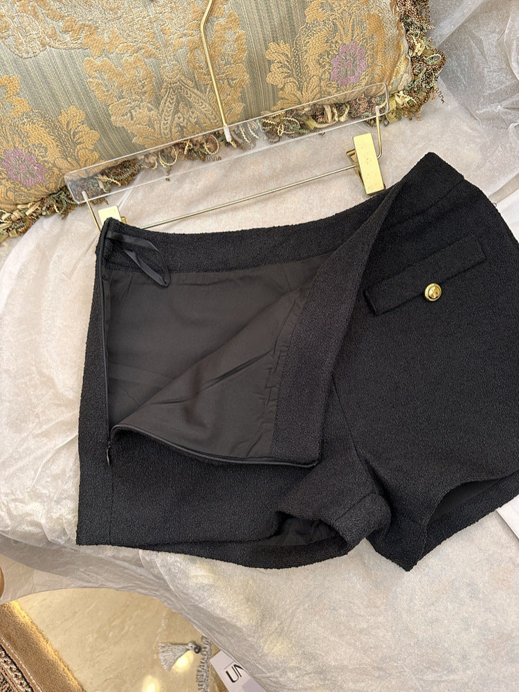 Shorts Women's French Style Elegant All-Match Black Woolen Casual Pants Girly Style Leg Long Pants Winter New