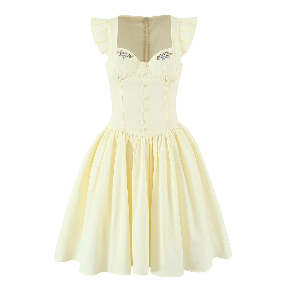 Fresh and Sweet Flutter Sleeve Fishbone Waist Slimming Embroidered Square Neck Mini Dress for Women