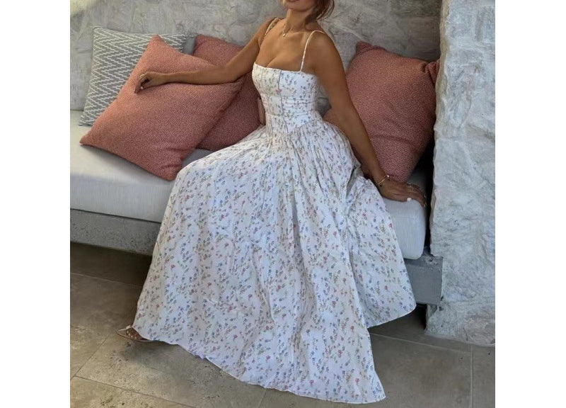 French Elegant Floral Waist-Cinching Strap Fairy Goddess Strap Dress Long dress