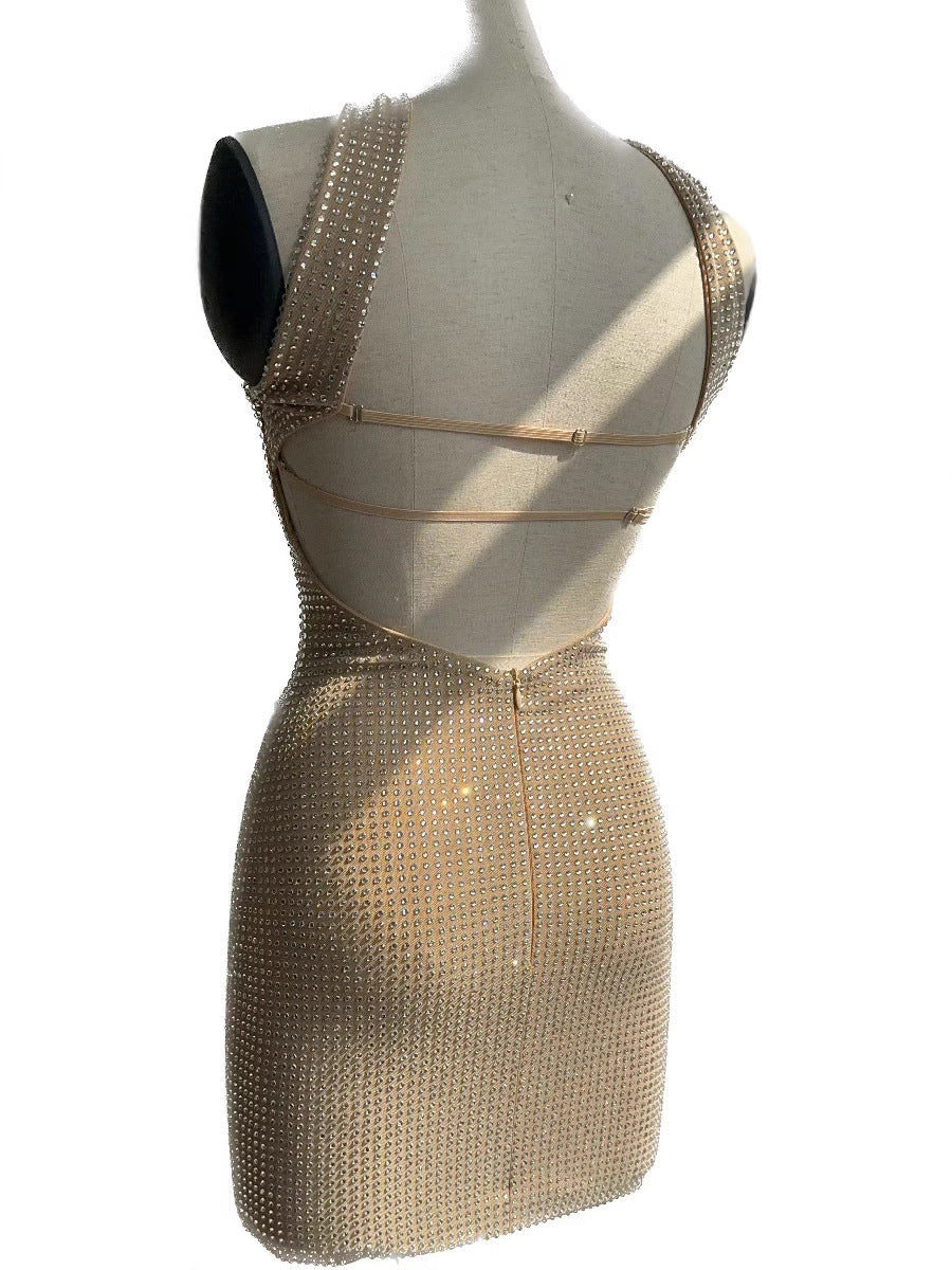 Off-Shoulder Rhinestone Bodycon Short Dress Sexy Backless Dress for Women