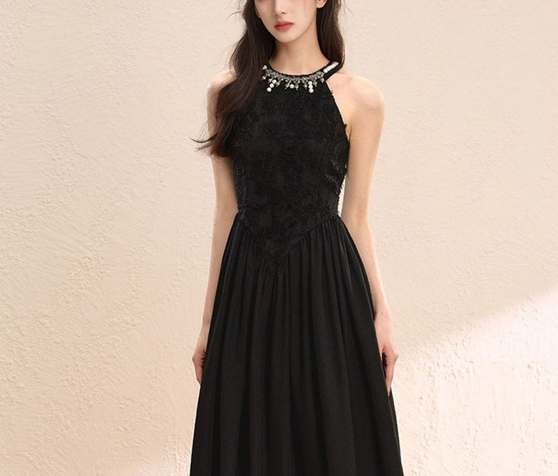 Black Waist-Cinching Halter Dress Elegant Socialite Style Light Luxury Fairy Dress