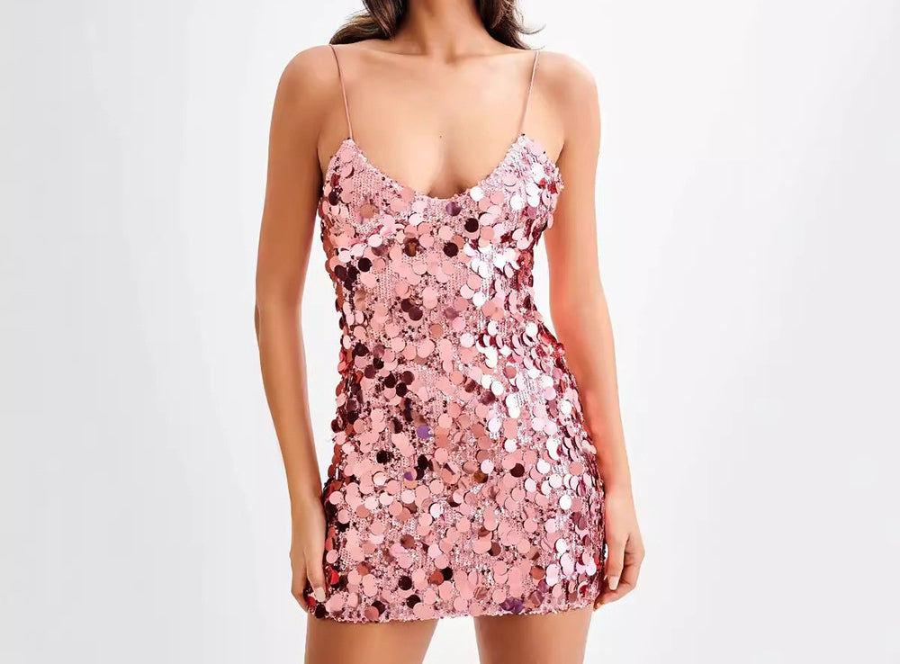 Fashion Sexy Hot Girl Pink Sequin Strap Waist Dress