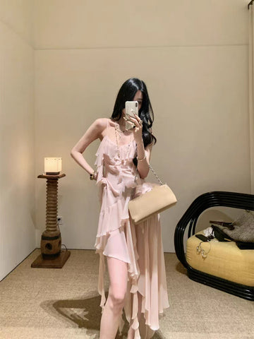 Summer New Fairy Pink Ruffled Fairy Style Pure Style Style dress