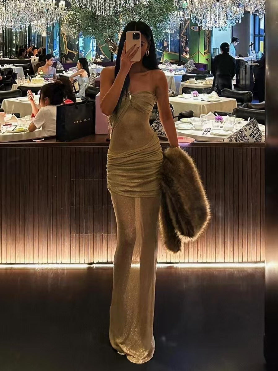 Autumn Winter Romantic Sexy Stretch Metallic Half Hollow Tight Slim Layered Dress Long Dress for Women