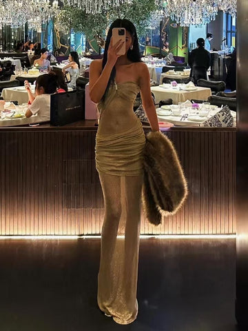 Autumn Winter Romantic Sexy Stretch Metallic Half Hollow Tight Slim Layered Dress Long Dress for Women