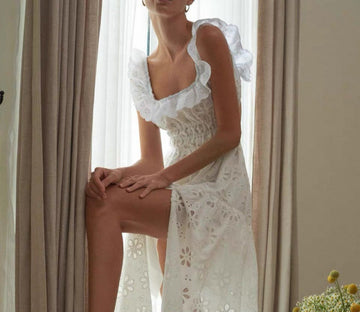 French Romantic Lu Bei Cotton Lace Embroidered Vacation Dress for Women