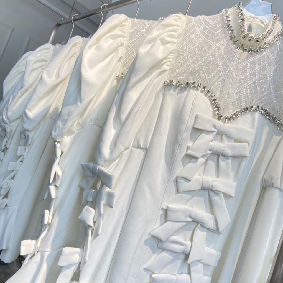 Early Spring Luxury Socialite Dress Heavy Lace Sequin Dress Puff Sleeves