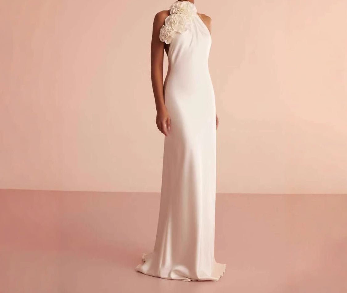 Neck Backless Evening Dress French Niche Elegant Vacation Style Three-Dimensional Flower dress