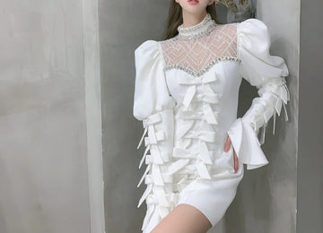 Early Spring Luxury Socialite Dress Heavy Lace Sequin Dress Puff Sleeves