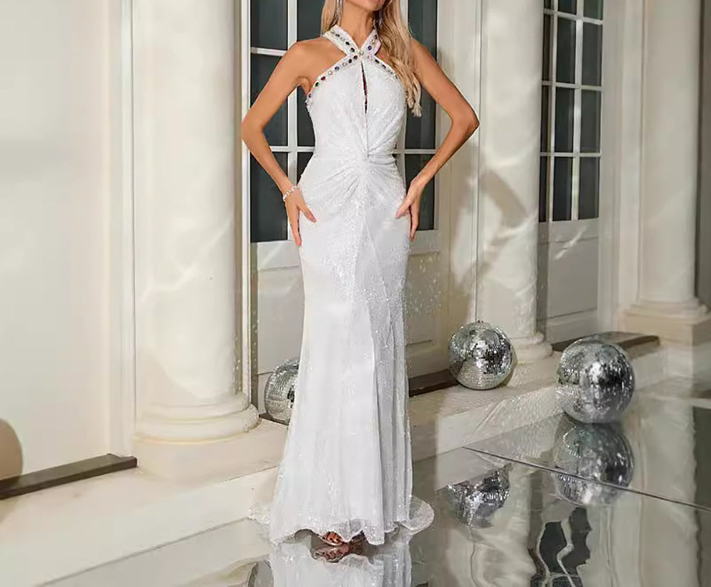 White Sequin Slim Fit Elegant French Style Halter Neck Dress with Rhinestones