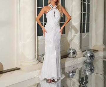 White Sequin Slim Fit Elegant French Style Halter Neck Dress with Rhinestones