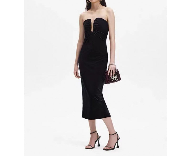 2023Autumn Winter New Elegant Black Velvet Strapless Sexy Elegant Dress for Women
