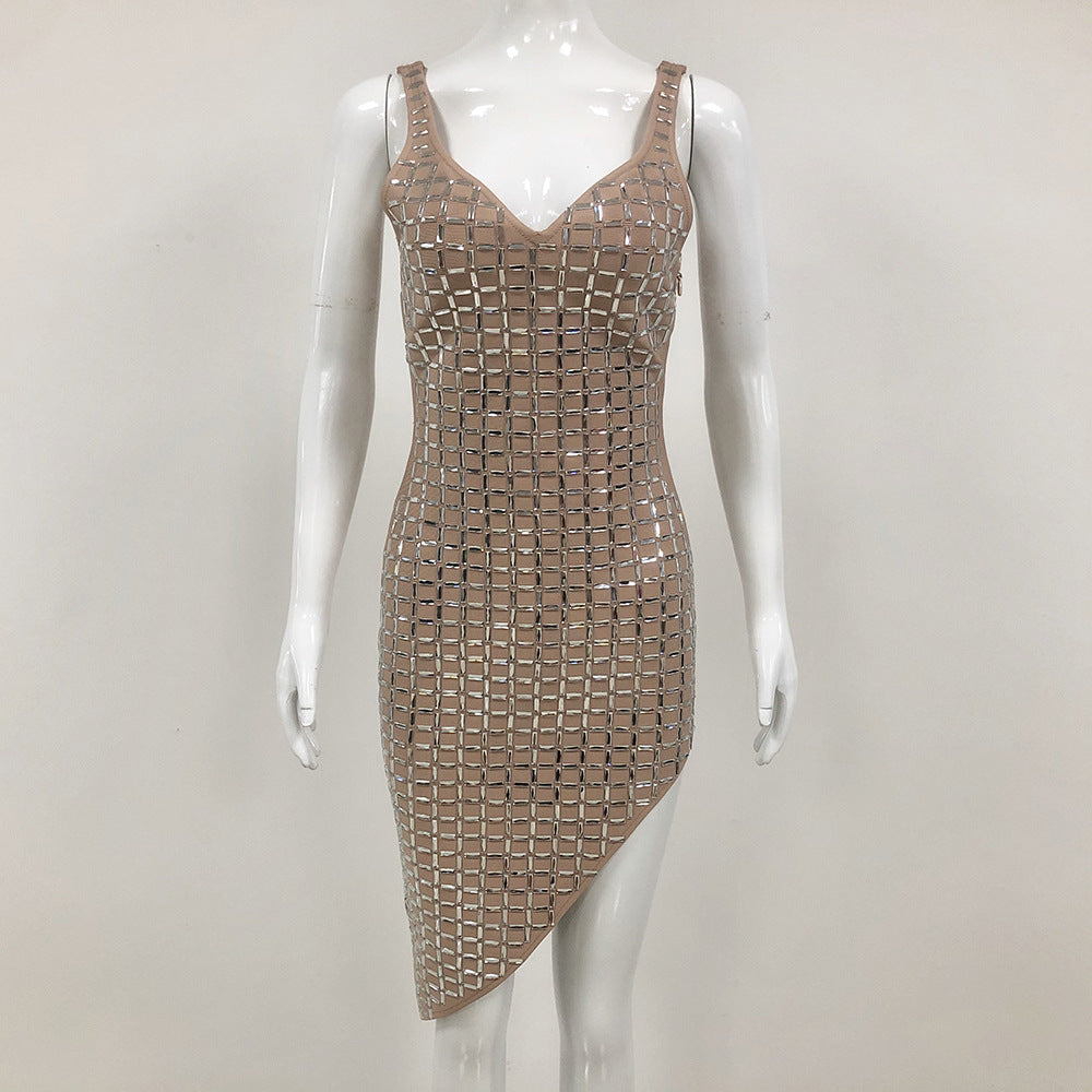 High Slit Backless Rhinestone Fashion Sexy Rhinestone Bandage Dress for Women