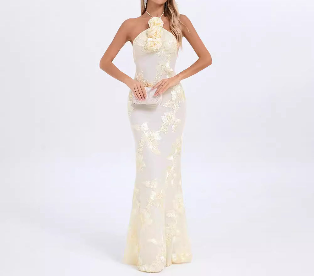 Elegant Halter Neck Dress with Floral Embellishments and Gold Foil Slim Fit Long Dress