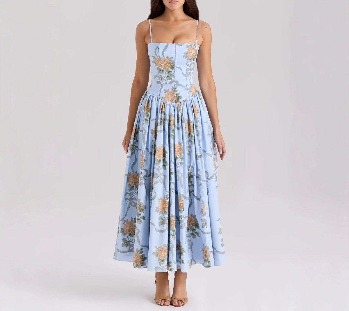 Sky Blue Vintage Rose Print Cotton Mid-Length Sun Dress Women's Summer Sling dress