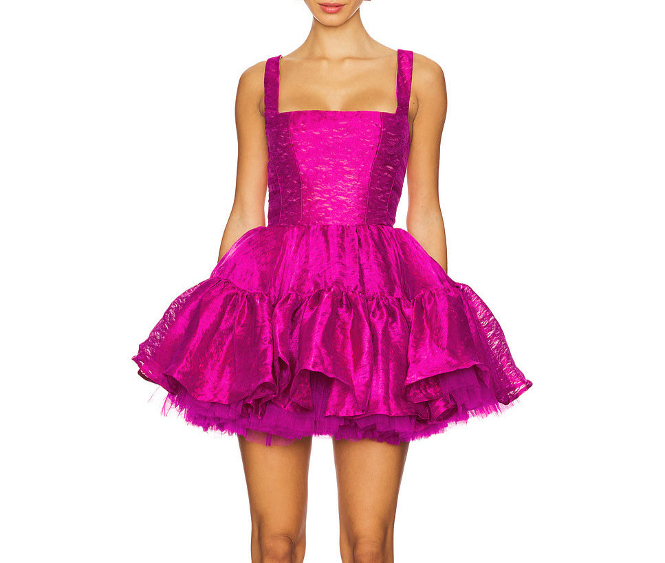 Slim-Fit Suspenders Square Collar dress Mesh Stitching Tutu Dress Banquet Dress