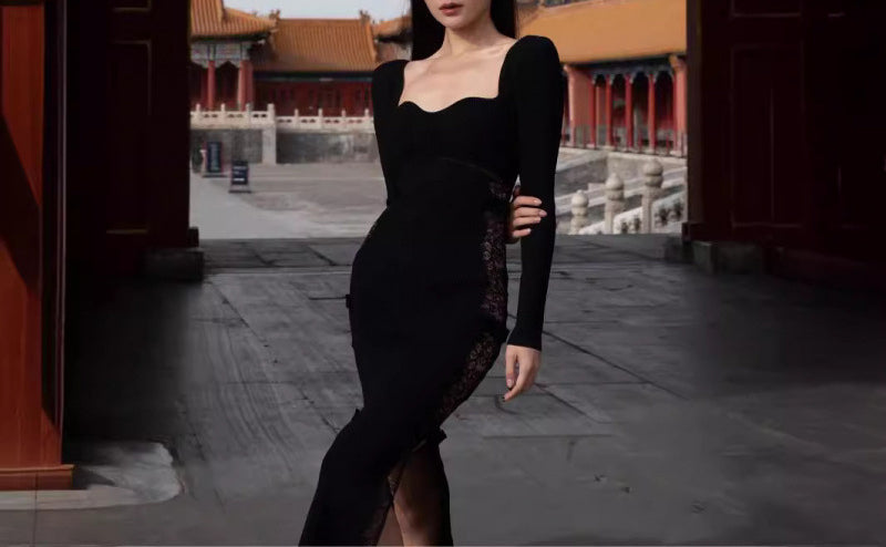 Knitted Butterfly Patchwork Lace Split Sexy Dress for Women