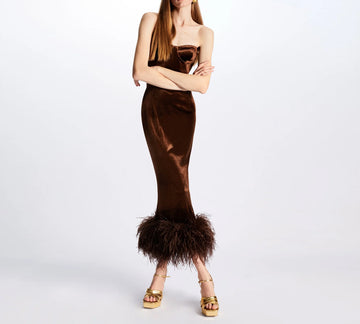 Strapless Velvet Ostrich Feather Dress Women's Bandage Dress Skirt