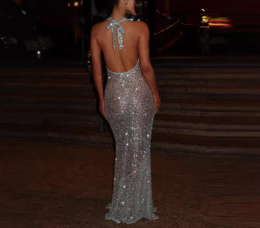 Halter Neck Backless Glitter Fabric Deep V Sexy Evening Dress