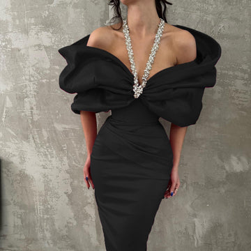 French Style Black Heavy Industry Diamond Neck dress Women's Summer European and American New Style Temperament Bandage Black Even Clothes