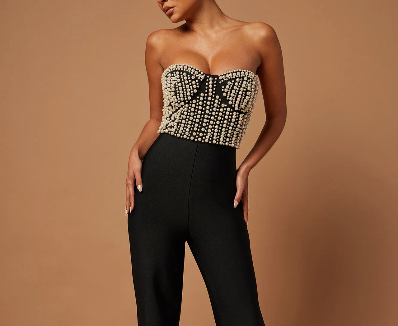 Sexy Pearl Tube Top High Waist Slim-Fit Solid Color Jumpsuit