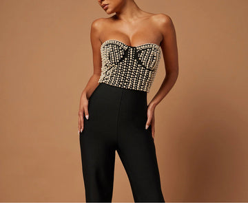 Sexy Pearl Tube Top High Waist Slim-Fit Solid Color Jumpsuit