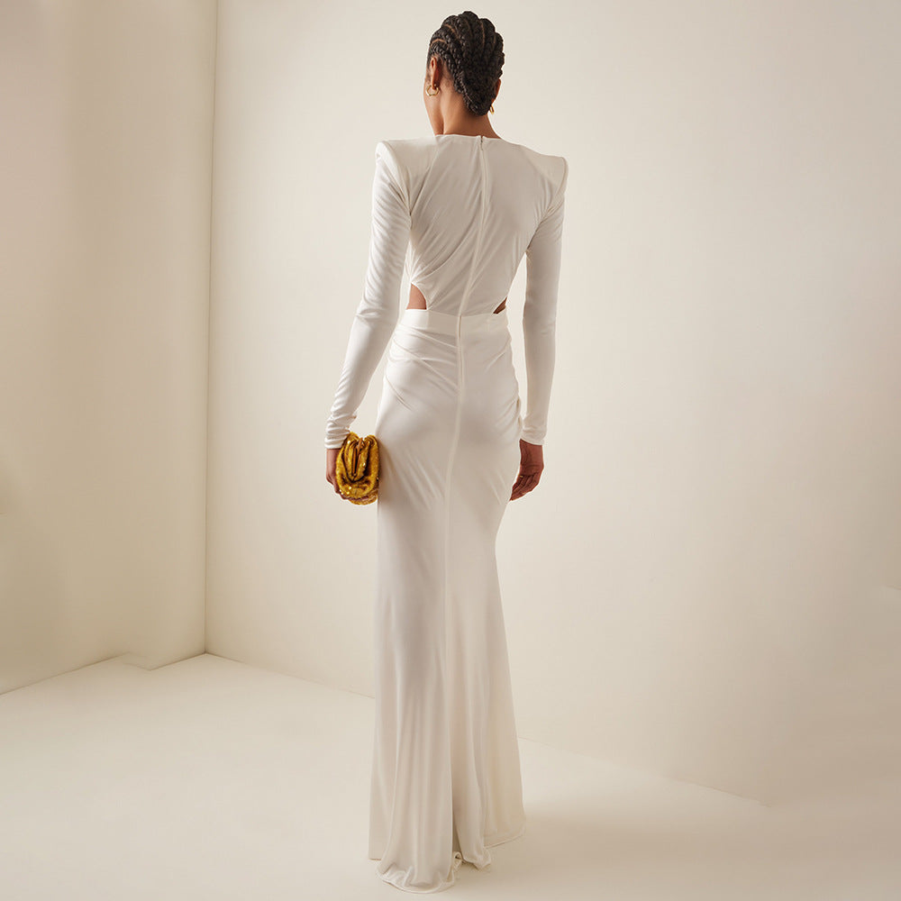 White Long Sleeve Ruched Hollow Out V Cross Collar Dress  Spring Long Dress
